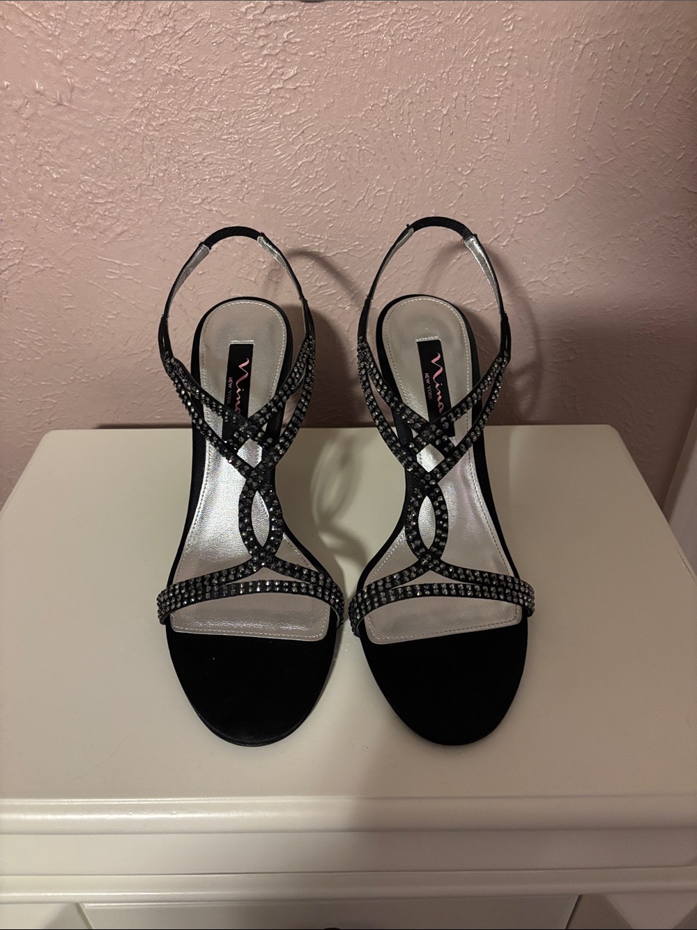 Nina New York Black Crystal Strappy Slingback Heels